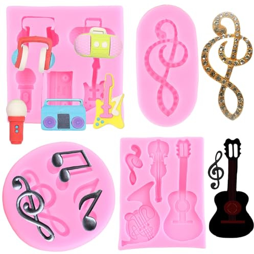 RFGHAC Musiknote Fondantform 80er Jahre Disco Fieber Silikonform Mikrofon Radio Gitarre Form Musical Candy Mould für Zucker Kuchen Dekorieren Cupcake Topper Schokolade Gummipaste Polymer Clay 4 Stück