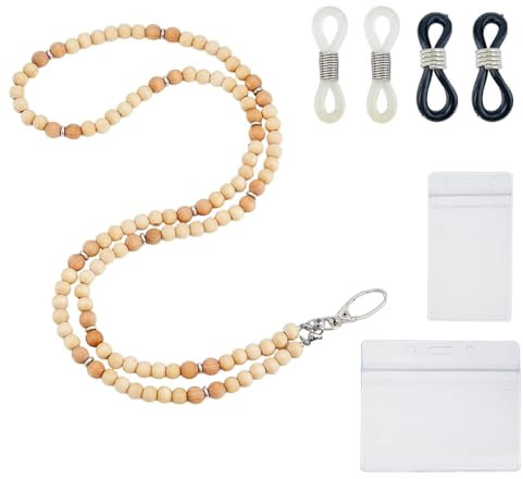 SUPERFINDINGS 90cm Lange Holzperlen Handyriemen Perlen Handy Lanyard Handschlaufe Mit 4 Gummi Brillenkettenenden Und Rechteckigem Namenskartenhalter Aus Kunststoff In 2 Größen