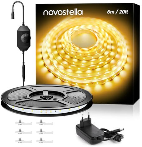 NOVOSTELLA Warmweiss LED Strip, 6M Dimmbar LED Streifen, 3000K 24V LED Strip, Superhell 336 LEDs Selbstklebend, DIY Flexible LED Leiste, LED Lichtband Kette mit Netzteil für Küche Heimdekoration