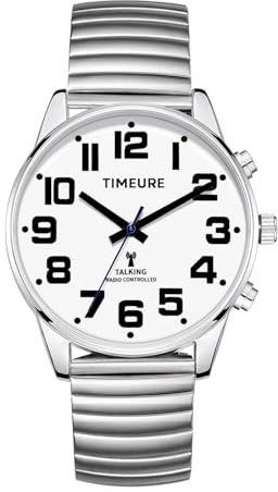 Sprechende Herrenuhr, analoges Ziffernblatt, Zeit-/Datumsanzeige, automatische Zeitkalibrierung, Alarm, stündlicher Glockenschlag, TIMEURE-2309M (Silber)