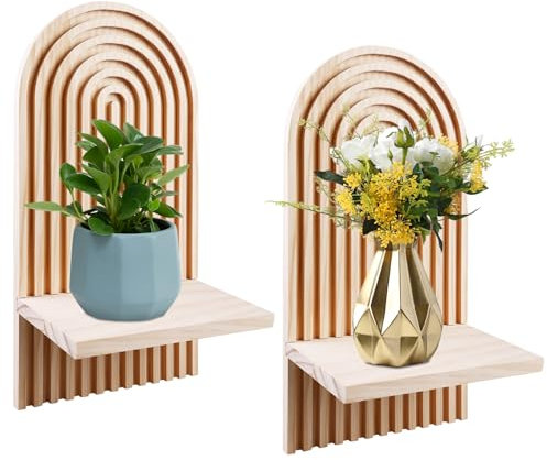 WIYETY 2 Sätze Boho Holz Wandhalterung, Wandregal Holz Boho Wanddeko, Kleine Schweberegal Holz, Holz Regenbogen Wandregale, Dekoration für Schlafzimmer Wohnzimmer Badezimmer (Holzfarbe)