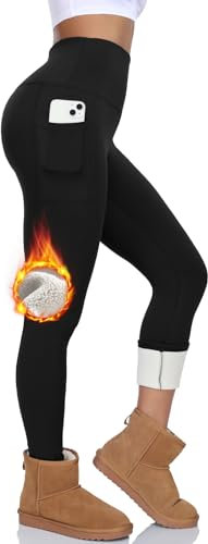 BLONGW Thermo Leggings Damen Gefütterte High Waist Thermohose Mit Taschen Winter Warme Sportleggins Yogahose Laufhose Sporthose