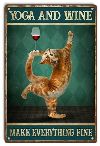 Vintage-Schilder, Metallschilder, Motiv: Yoga und Wein machen alles fein, Wandkunst, Metallposter für Zuhause, Bar, Café, Garage, Badezimmer, 30 x 40 cm