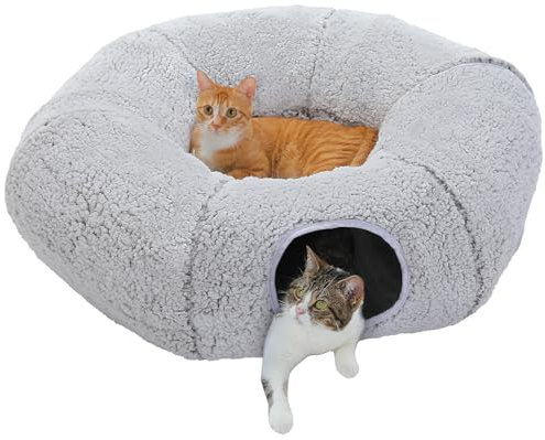 PAWZ Road Katzentunnel, Katzentunnelbett mit zentraler weicher Matte und baumelnden Bällen, zusammenklappbarer Flauschiger Plüsch - grau, Katzenröhre für Wohnungskatzen, Kaninchen und Welpen