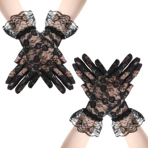 AOZUO 2 Pairs Lace Gloves, Wedding Gloves Tea Party Mesh Sheer Lace Gloves Opera Halloween Cosplay Gloves for Women(Black)