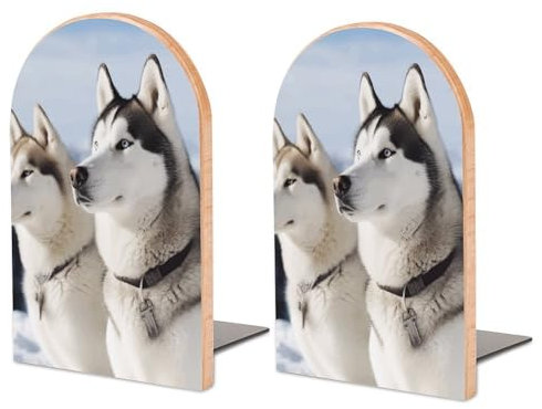 1 paire de serre-livres en bois, motif chiens husky, serre-livres épais et serre-livres de rangement de bureau