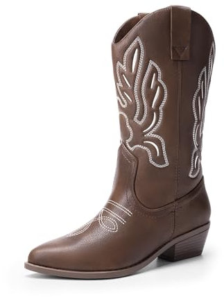 DREAM PAIRS Stivali da Cowboy Donna Stivali a Metà Polpaccio Da Donna Stivali da Cowgirl con Tacco Grosso Ricamati,Size 41,Marrone-Pu,DWUMMB2419
