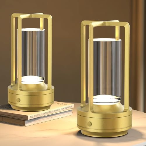 Hapfish LED Tischlampe Kabellos Aufladbar 2er Set, Moderne Kristall Tischleuchte Akku, Aluminium Wasserdicht mit Griff, Tischlampen Dimmbar für Restaurant Outdoor Nachttisch Wohnzimmer - Gold