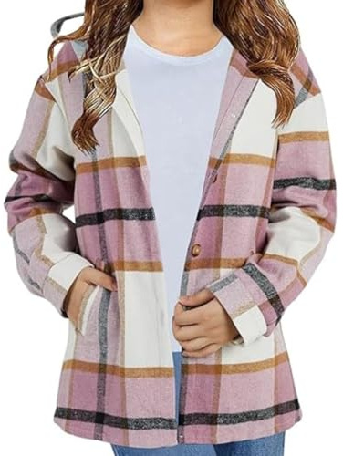 Xumplo Camicia da ragazza a maniche lunghe in flanella giacca per bambini con bottoni a quadri top abbigliamento per ragazze cappotto con cappuccio con tasca, Viola, 10-12 Years