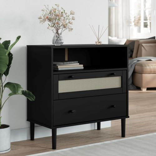 Modernes Sideboard in Rattan-Optik, schwarz, 80 x 40 x 80 cm, Massivholz, Kiefer für Haus, Garten, Dekor