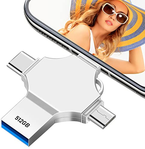 Udslidty USB Stick 512GB 4 in 1 Hochgeschwindigkeit USB-Sticks Speicherstick Metallgehäuse Wasserdicht, Kompatibel mit Smartphone/PC/Laptop, Externer Speicher für Fotos & Daten