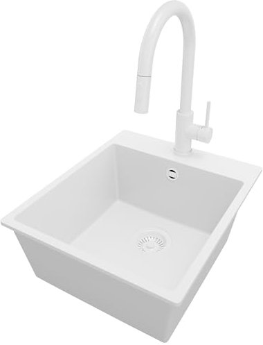 PRIMAGRAN Fregadero Granito Todo Blanco 43x50cm, Cocina 1 Seno + Grifo 40x20cm + Sifón, Sobre encimera al mueble 45cm - Riga S085