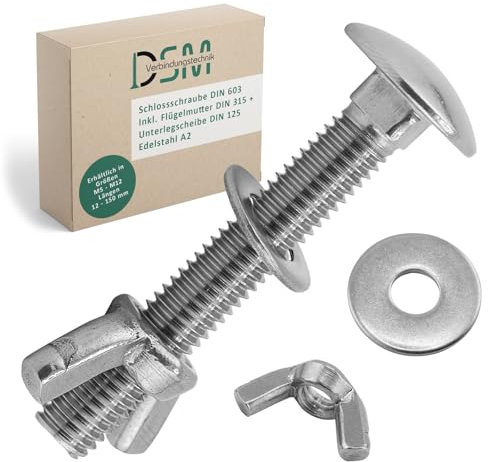 DSM Lot de 10 boulons de carrosserie M6 x 40 mm selon DIN 603, écrou papillon M6 DIN 315 et rondelle DIN 125, en acier inoxydable A2/V2A, à tête bombée avec collet carré, écrou papillon