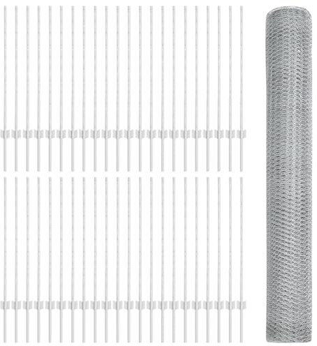 vidaXL Verzinkter Stahl Gartenzaun Set | Outdoor Zaun aus robustem Metall mit 1 Rolle und 5 Pfosten. Großes rechteckiges Design für Tiergehege, Terrasse und Gewerbe.