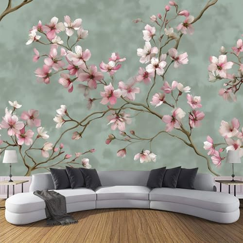 3D Carta Da Parati Fiori Di Ciliegio Rami, 150Lx105A cm Sfondo Fotografica Grande Vintage Fiori Murale, Ristorante Soggiorno Tv Parete Camera Letto Decorazione Della Parete Murali, Verde chiaro