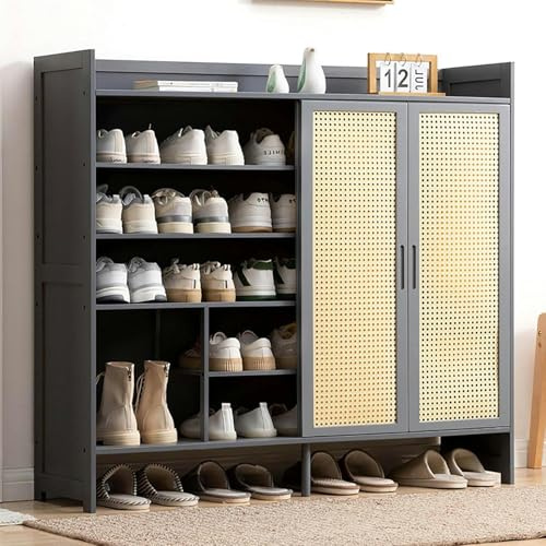 Zapatero Independiente de ratán con Puertas corredizas: un Organizador Elegante para la Entrada, el Pasillo y la Oficina. Zapatero Que Ahorra Espacio.