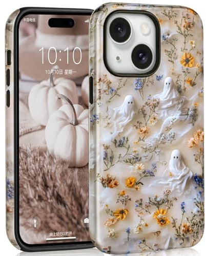 Mainrenka Süße Halloween Hülle für iPhone 14 für Mädchen und Jungen, mit Geist Totenkopf & Blumen Handyhülle Stoßfeste Schutzhülle