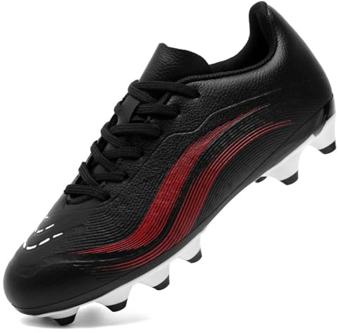 GOGOUP Boys Football Boots Kids Girls Firm Ground Cleats Soccer Shoes Athletics Training Sport Shoes Teenager Profession Competition Futsal Shoes Indoor Outdoor Sneakers Black Red UK2.5