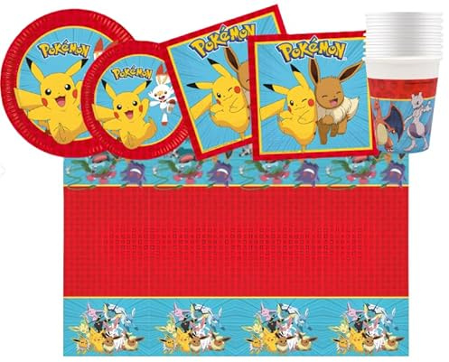 WOOPARTY Kit Festa di Compleanno a Tema Pokemon, da tavola (8 Piatti 23cm, 8 Piatti 20cm, 20 tovaglioli, 1 tovaglia, 8 Bicchieri)