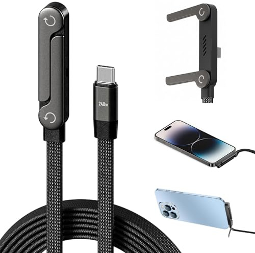 Invisible Foldable Holder Charger Cable with Stand, 240W Braided Fast Charge Sideways Data Cable with Built-in Phone Stand, 2-in-1 Cable, 1.5m Flat USB c, for iPhone S25 S24 Ultra