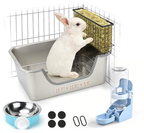HYLYUN 4-en-1 Bac à Litière Lapin INOX avec Râtelier à Foin, 40x30 cm | Litière petits animaux à entrée basse, anti-odeur, facile à nettoyer, anti-morsure, accessoire cage lapins & cobayes