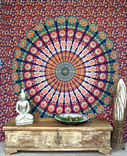 GURU SHOP Boho-Style Wandbehang, Indische Tagesdecke Mandala Druck- Orange/blau, Rot, Baumwolle, 210x230x0 cm