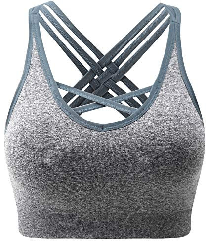 ANGOOL Damen Sport BH ohne Bügel Gepolstert Yoga Bra Kreuz Rücken Sport Bustier für Jogging Fitness , Grau , M