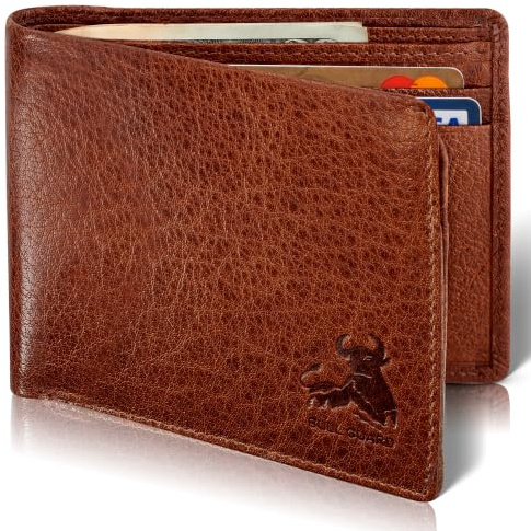 RFID Bifold Leather Wallet for Men with Flip Up ID - Vintage Buffalo Brown, Adventure Brown