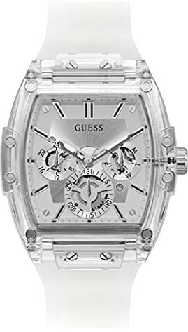 GUESS Montre Tendance décontractée pour Homme Tonneau Diamond 43 mm, Argenté/Blanc, Taille Unique, Phoenix GW0203G1