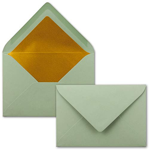 Kuverts in Eukalyptus-Grün - 75 Stück - Brief-Umschläge DIN C6-114 x 162 mm - 11,4 x 16,2 cm - Naßklebung - matte Oberfläche & Gold-Metallic Fütterung - ohne Fenster - für Einladungen