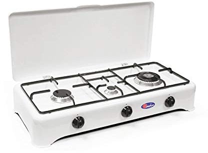 CFParker Hornillo de 3 fuegos a gas GLP, doble corona con válvulas de seguridad para uso interior, fabricado en Italia – 5324GPS/C