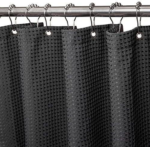 Waffel Duschvorhang mit Metall Duschvorhangringe Stoff Textil Badewannenvorhang Anti Schimmel Bad Vorhang Set Wasserdicht Badewanne Vorhang Schwerer Shower Curtain Badezimmer - 182 x 182cm (Schwarz)