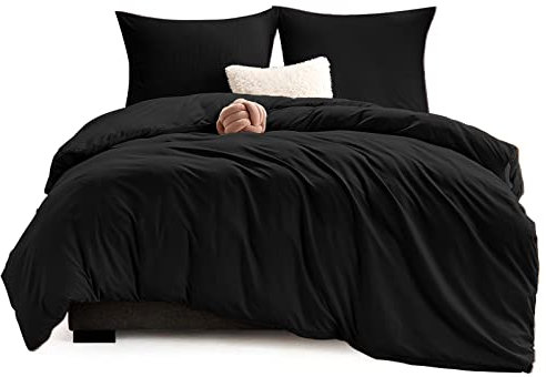WAVVE Bettwäsche 200x200 3 teilig Schwarz - Bettbezug 200 x 200 Set mit Kissenbezüge 80x80 cm, Bettwäsche-Sets 2x2m aus Mikrofaser mit Reißverschluss Weich und Bügelfrei