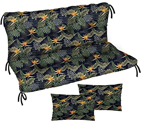 Auflage für Hollywoodschaukel 120x50x50 Gartenbankauflage und 2 Kissen Palettenauflage Bankauflage Sitzkissen und Rückenkissen Matratze Sitzpolster Gartenpolster, Palmen Paradiesvogelblume [133]