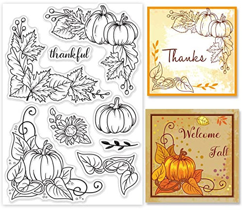 GLOBLELAND Erntedankfest Herbsternte Klare Stempel Kürbisblätter Ecke Sonnenblumen Silikon Klare Stempel Siegel für Karten Basteln DIY Scrapbooking Fototagebuch Album Dekoration