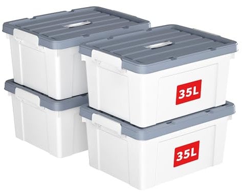 Cetomo 35L*4 Caja de Almacenamiento con Asa, Caja de Plástico con Tapa y Cierre Seguro, Contenedor de Almacenamiento Grande, Duradera, Apilable, Resistentes, Blanco, Paquete de 4 de 35L