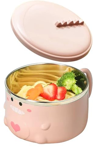 Stainless Steel Ramen Bowl with Cartoon Cute Dinosaur Lid and Handle - Instant Noodle and Soup Bowl for Cereal, Rice