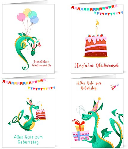 12 x Geburtstagskarten für Kinder aus recyceltem Papier mit Drachen Motiv