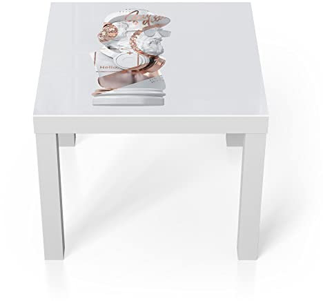 DEQORI Glastisch | weiß klein 55x55 cm | Motiv Antike Büste aufgepeppt | ausgefallener Beistelltisch aus Glas | Hochglanz Couchtisch fürs Wohnzimmer | moderner Couch Tisch mit Design