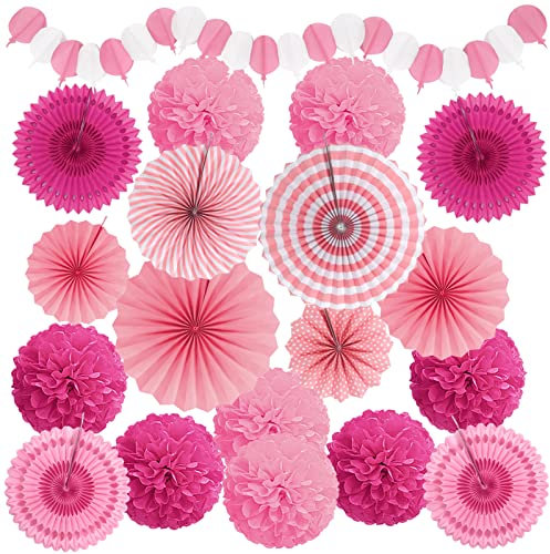 Recosis Party Decorations, Pink Papar Fans Pompoms Garlands for Women Girls Mothers Day Bachelorette Wedding Birthday Baby Showers Valentine's Day Party Decorations