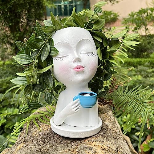 EylbKey Face Planter Pot with Tray Face Flower Pot with Saucer Resin Head Planter for Indoor Plants Handcrafte Coffee Lady Face Plant Pots Succulent 9CM Openning (Elegant White)