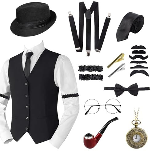 1920er Herren Zubehör Gatsby Gangster Kleidung Kostüm Cosplay Outfit,20er Kostüm Zubehör Set,Hut, Taschenuhr, Metallbrille, Hosenträger Kostüm Herre 20er für Mann Halloween Cosplay (Schwarz, XL)