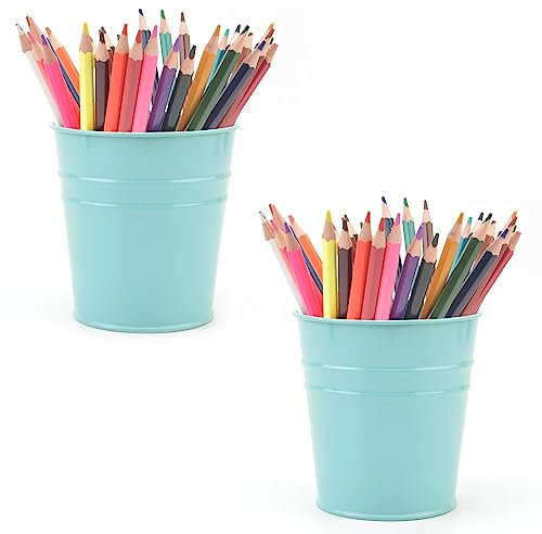 Pen Holder Cup For Desk Pencil Holder Metal Marker Pen Organizer Storage Small Tinplate Flower Pot Succulent Bucket Planters for Office Home - 2 Pack (Blue)