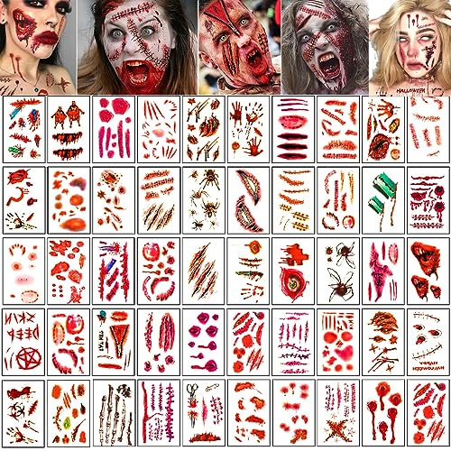 350 Stück Halloween Temporäre Tattoo Aufkleber, Temporäre Tattoos, Wasserdicht Spinnen Narben Kratzer Horror Mund Aufkleber, Vampir Kostüm Accessoires für Kinder Erwachsener Makeup Party Requisiten