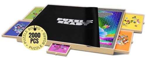 Puzzle Ready Großes Puzzlebrett 2000 Teile - 41 x 32 Puzzlebrett mit 5 bunten Schubladen & Puzzlematte zum abdecken - Brettspiel Puzzletisch mit Filzarbeitsfläche & Tragegriff - Erwachsene & Kinder