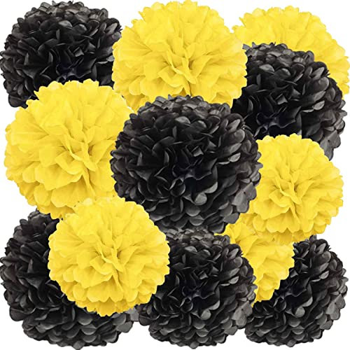 We Moment Zone 12 Stück Papier Pompons Set,Schwarz Gelb Tissue Pom Poms Papier für Hochzeit,Geburtstag,Party- 30,5 cm, 25,4 cm