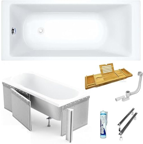 ECOLAM Baignoire rectangulaire en acrylique TAMI 190x90 cm | Planche en Bambou | support en polystyrene | pieds siphon + silicone