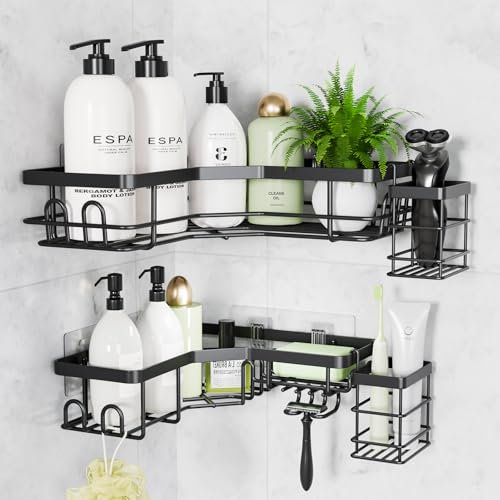Gobikey Duschablage Ohne Bohren Schwarz, Ecke Duschablage Ohne Bohren mit Seife 4 Stück Rostbeständig, Duschregal Ohne Bohren für Shampoo Halterung für Dusche, Duschregal Shower Shelf
