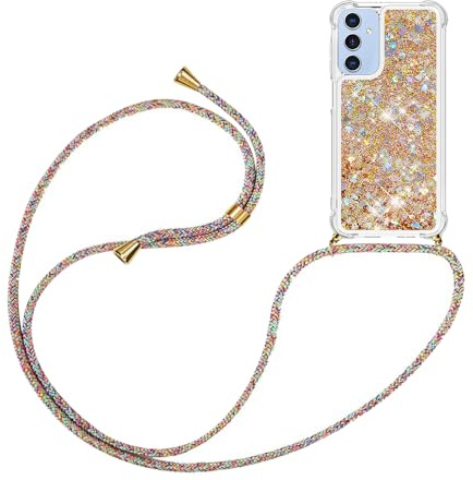 YAMCCCSE Handykette für Samsung Galaxy A15 5G Hülle mit Band, Silikon Durchsichtig Transparent Flüssig Glitzer mit Kette Kordel Treibsand Necklace TPU Schutzhülle Case，Golden