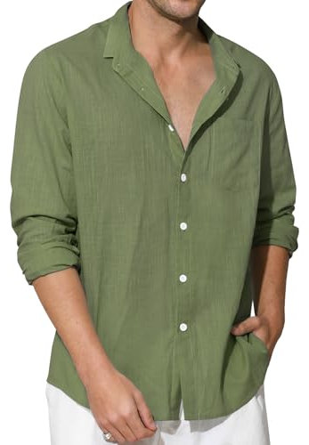 Enlision Camicia Lino Uomo Manica Lunga Estiva Camicie Verde Oliva Collo Coreana di Cotone Henley Shirts a Bottoni Tinta Unita Elegante Casual 2XL